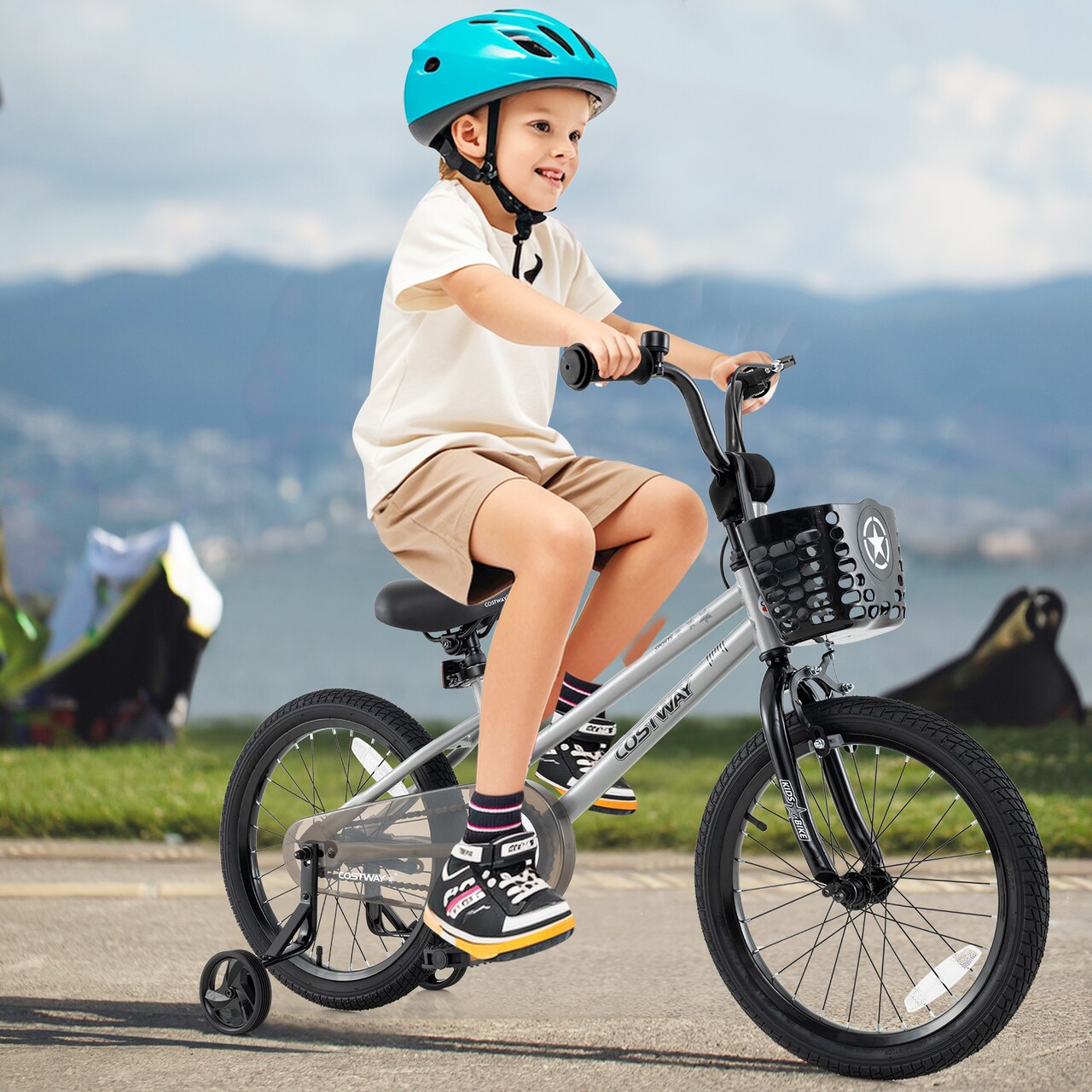 Children’s Bike with Training Wheels and Enclosed Chain Guard, Hand Brake Basket Reflectors